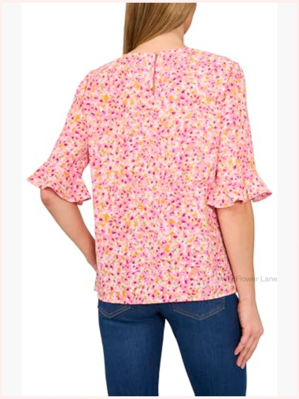Women's Floral Ruffle Cuff Crew Neck 3/4 Sleeve Top Blouse - Picture 2 of 3